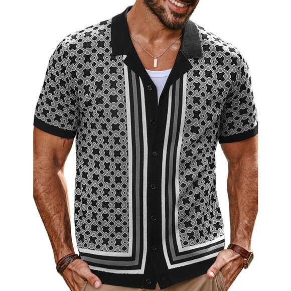 Men Black Short Sleeve Button Up Shirt Casual Knit Geometric Pattern Top - Picture 1 of 5
